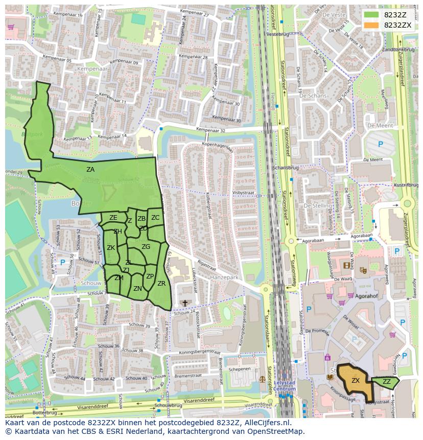 Afbeelding van het postcodegebied 8232 ZX op de kaart.