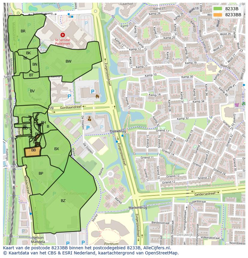 Afbeelding van het postcodegebied 8233 BB op de kaart.