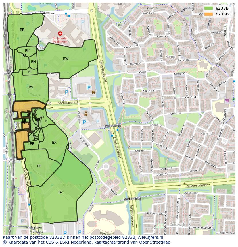 Afbeelding van het postcodegebied 8233 BD op de kaart.