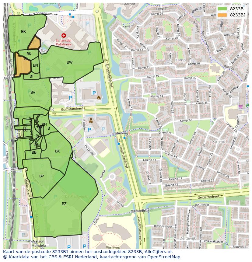 Afbeelding van het postcodegebied 8233 BJ op de kaart.