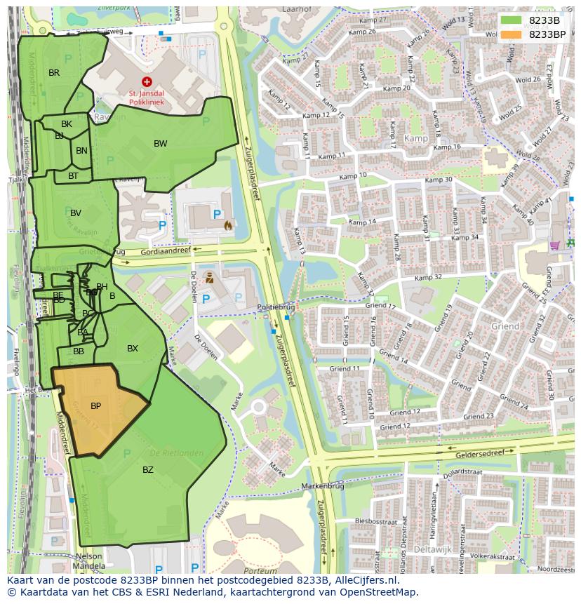 Afbeelding van het postcodegebied 8233 BP op de kaart.