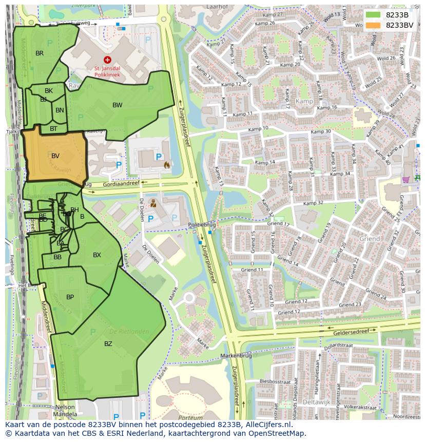 Afbeelding van het postcodegebied 8233 BV op de kaart.