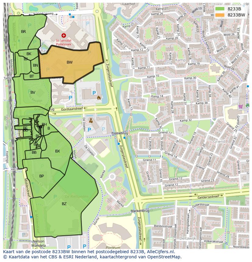 Afbeelding van het postcodegebied 8233 BW op de kaart.
