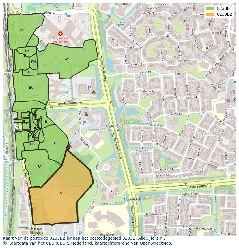 Afbeelding van het postcodegebied 8233 BZ op de kaart.