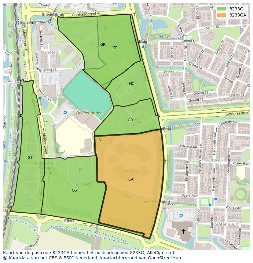 Afbeelding van het postcodegebied 8233 GA op de kaart.