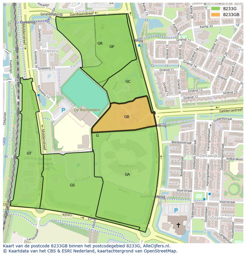 Afbeelding van het postcodegebied 8233 GB op de kaart.
