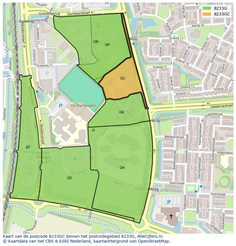 Afbeelding van het postcodegebied 8233 GC op de kaart.