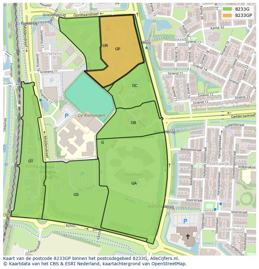 Afbeelding van het postcodegebied 8233 GP op de kaart.