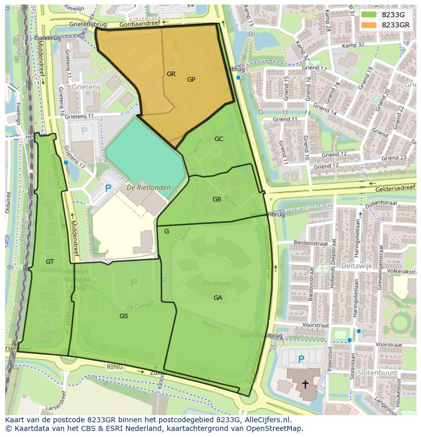 Afbeelding van het postcodegebied 8233 GR op de kaart.