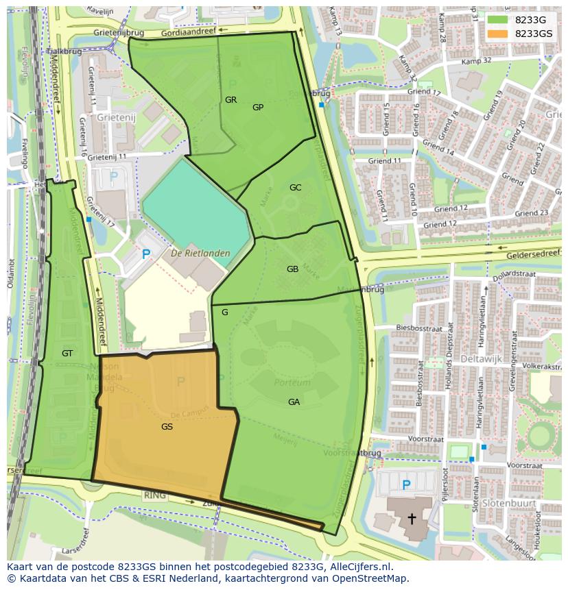 Afbeelding van het postcodegebied 8233 GS op de kaart.