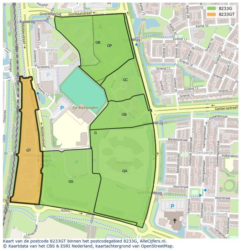 Afbeelding van het postcodegebied 8233 GT op de kaart.