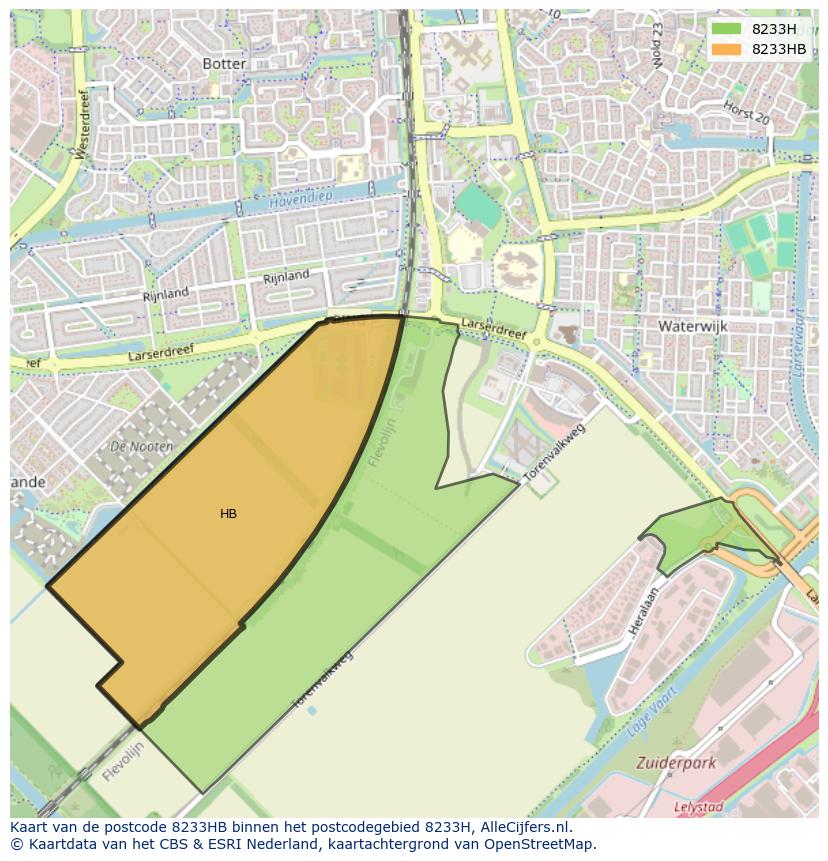 Afbeelding van het postcodegebied 8233 HB op de kaart.