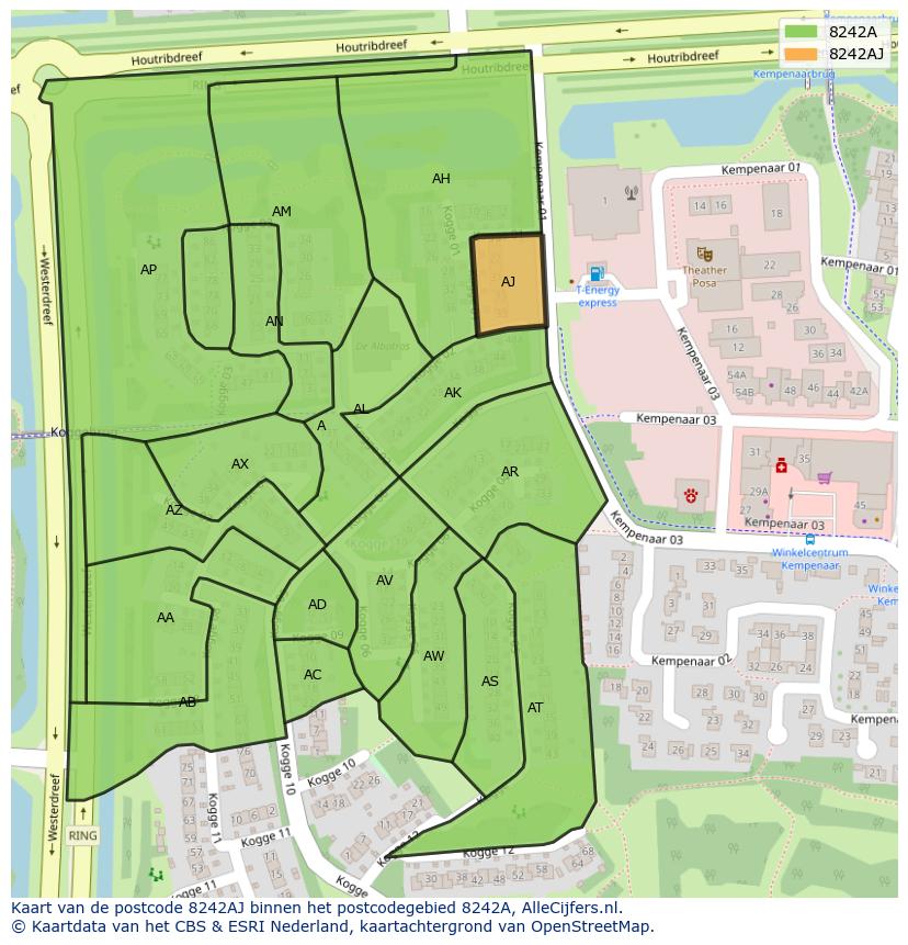 Afbeelding van het postcodegebied 8242 AJ op de kaart.