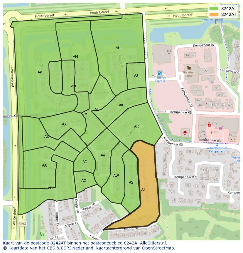 Afbeelding van het postcodegebied 8242 AT op de kaart.
