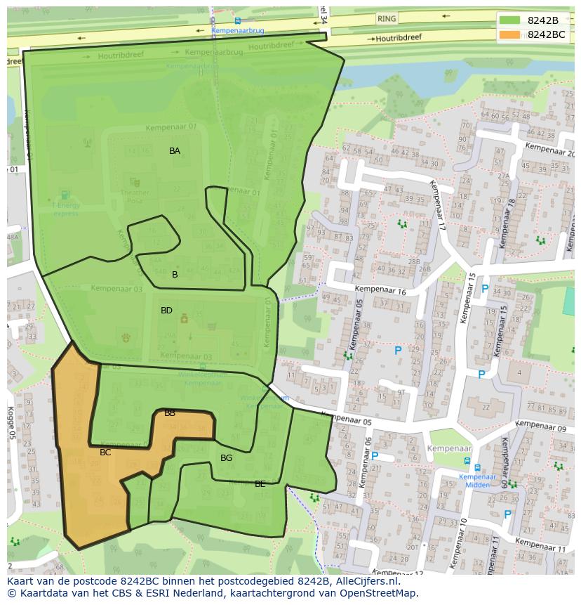 Afbeelding van het postcodegebied 8242 BC op de kaart.