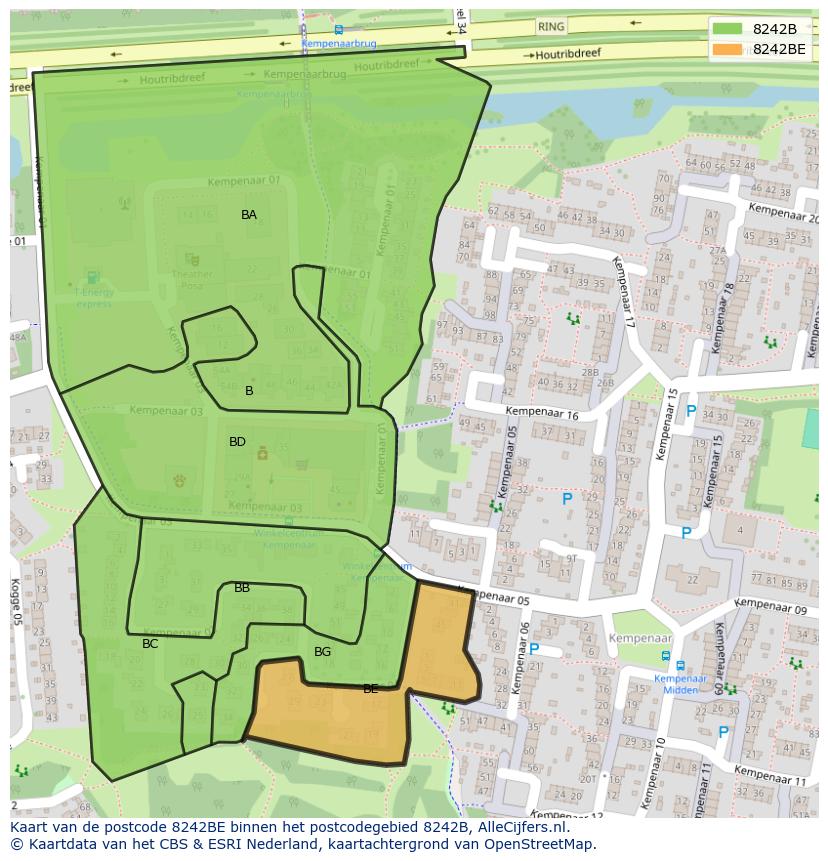 Afbeelding van het postcodegebied 8242 BE op de kaart.