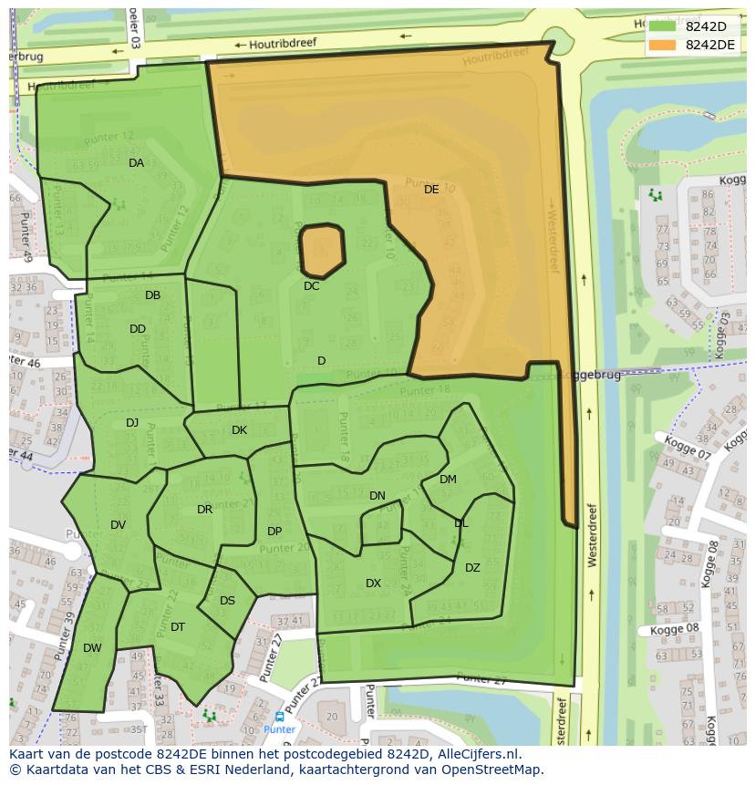 Afbeelding van het postcodegebied 8242 DE op de kaart.