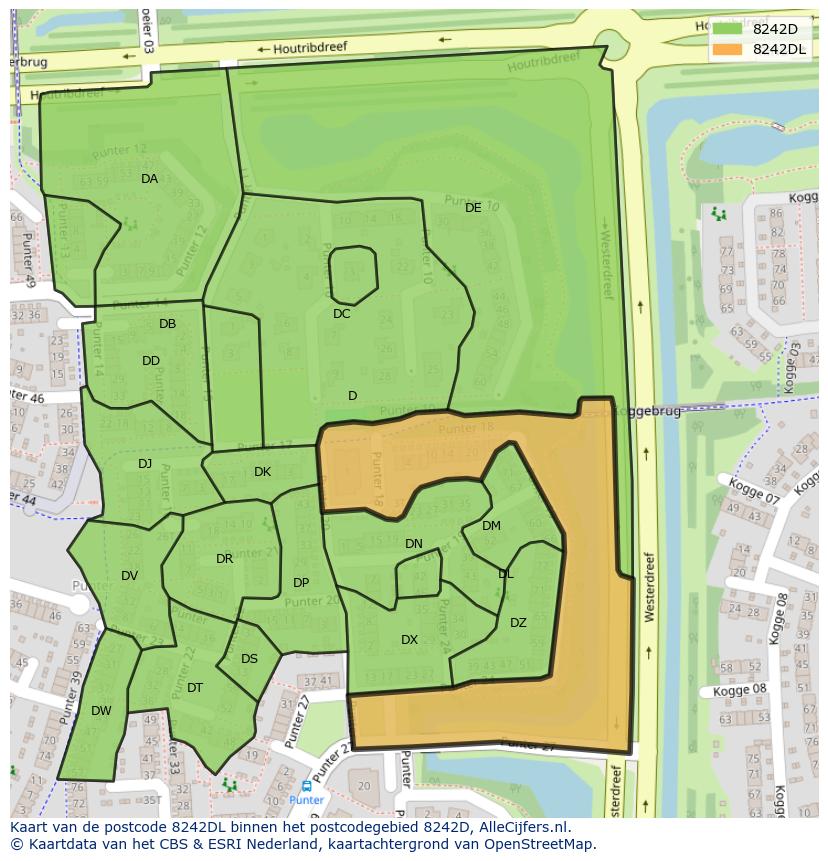 Afbeelding van het postcodegebied 8242 DL op de kaart.