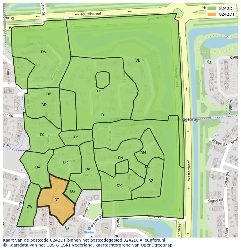 Afbeelding van het postcodegebied 8242 DT op de kaart.