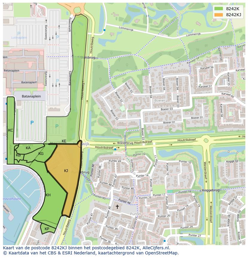 Afbeelding van het postcodegebied 8242 KJ op de kaart.