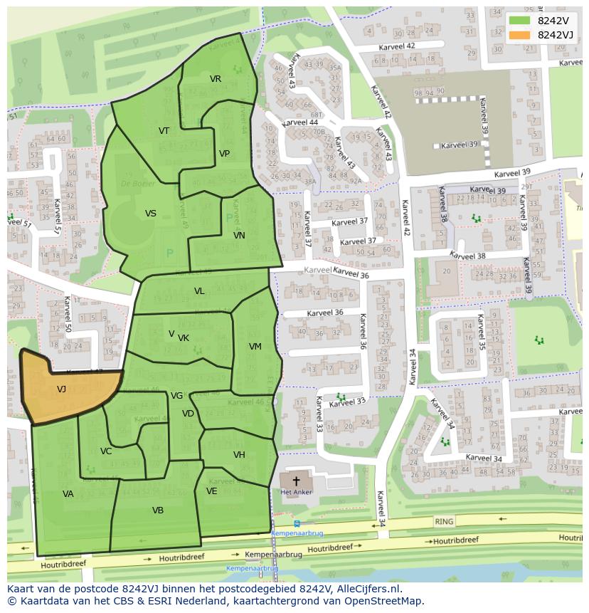 Afbeelding van het postcodegebied 8242 VJ op de kaart.