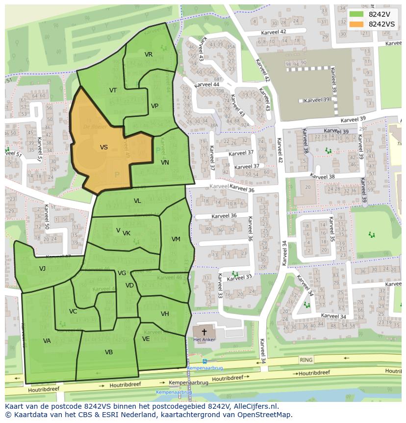 Afbeelding van het postcodegebied 8242 VS op de kaart.