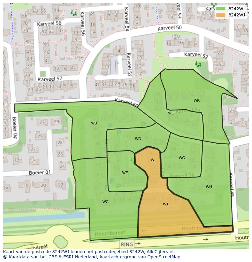 Afbeelding van het postcodegebied 8242 WJ op de kaart.