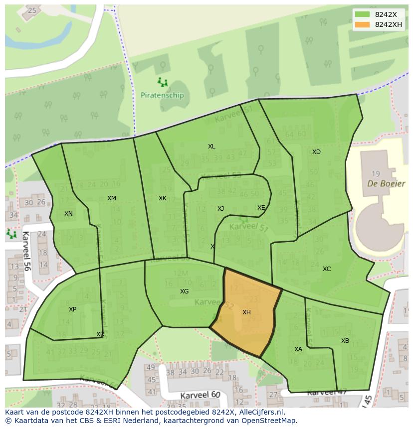 Afbeelding van het postcodegebied 8242 XH op de kaart.