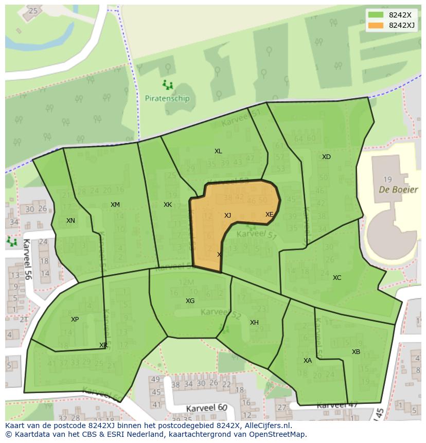 Afbeelding van het postcodegebied 8242 XJ op de kaart.