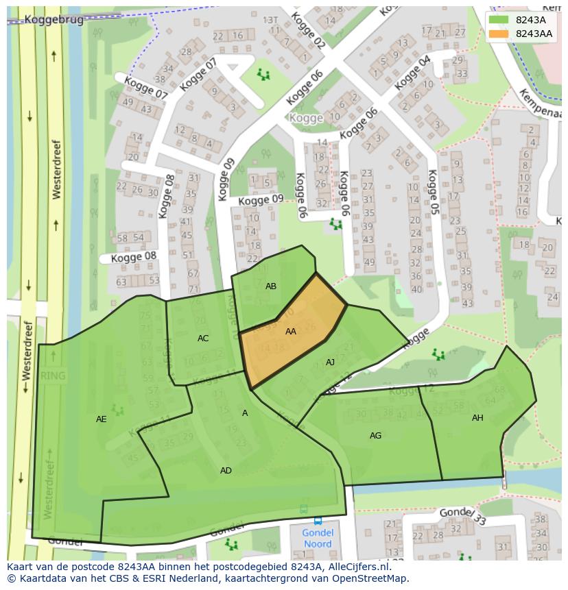 Afbeelding van het postcodegebied 8243 AA op de kaart.