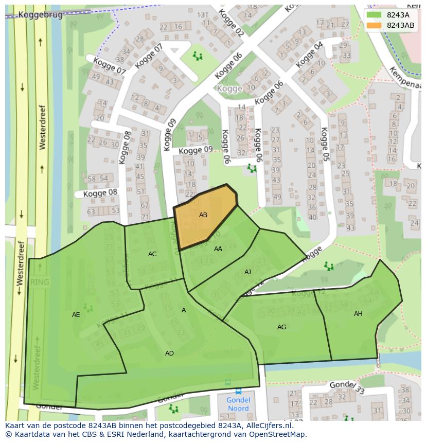 Afbeelding van het postcodegebied 8243 AB op de kaart.