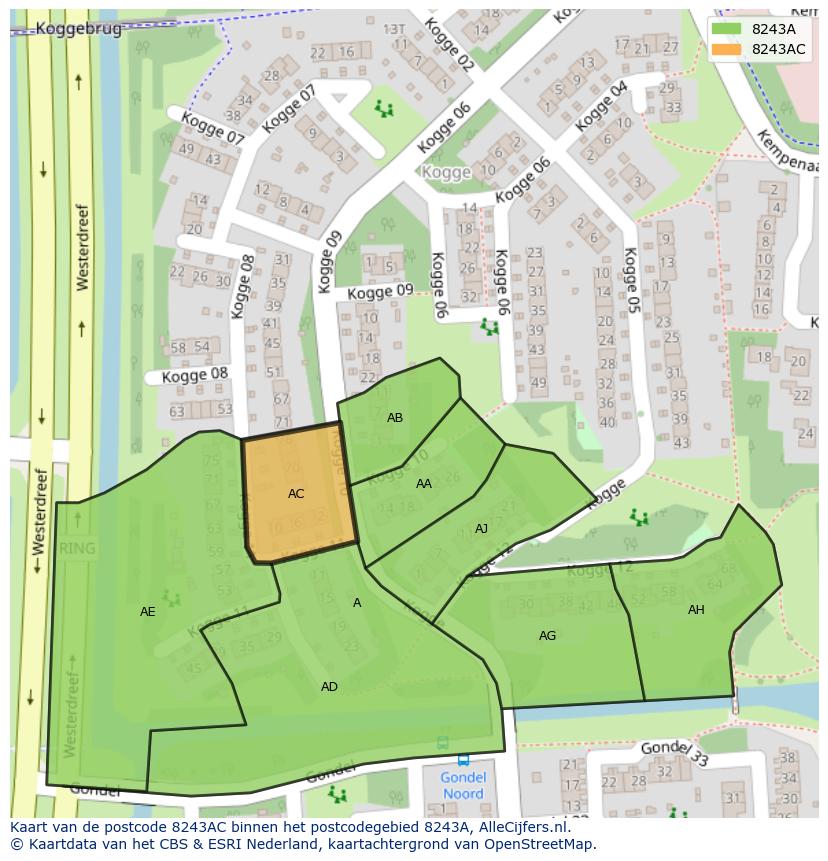 Afbeelding van het postcodegebied 8243 AC op de kaart.