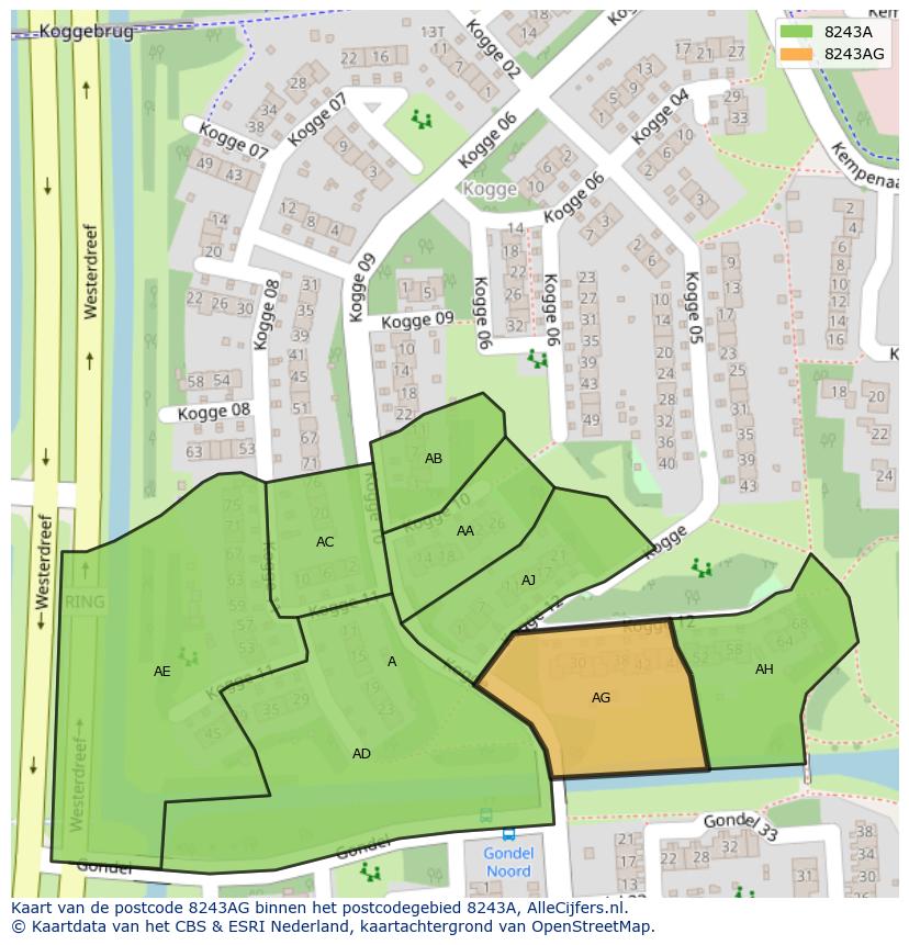 Afbeelding van het postcodegebied 8243 AG op de kaart.