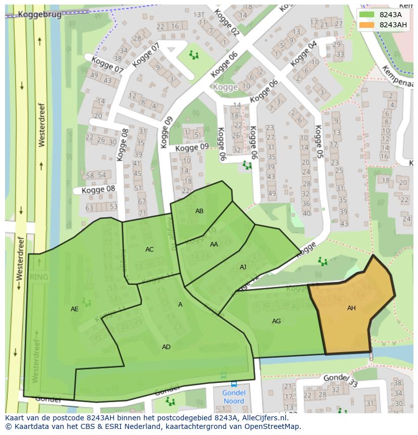 Afbeelding van het postcodegebied 8243 AH op de kaart.