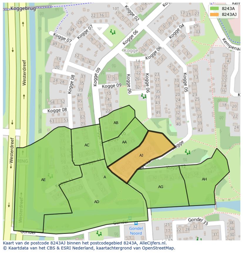 Afbeelding van het postcodegebied 8243 AJ op de kaart.