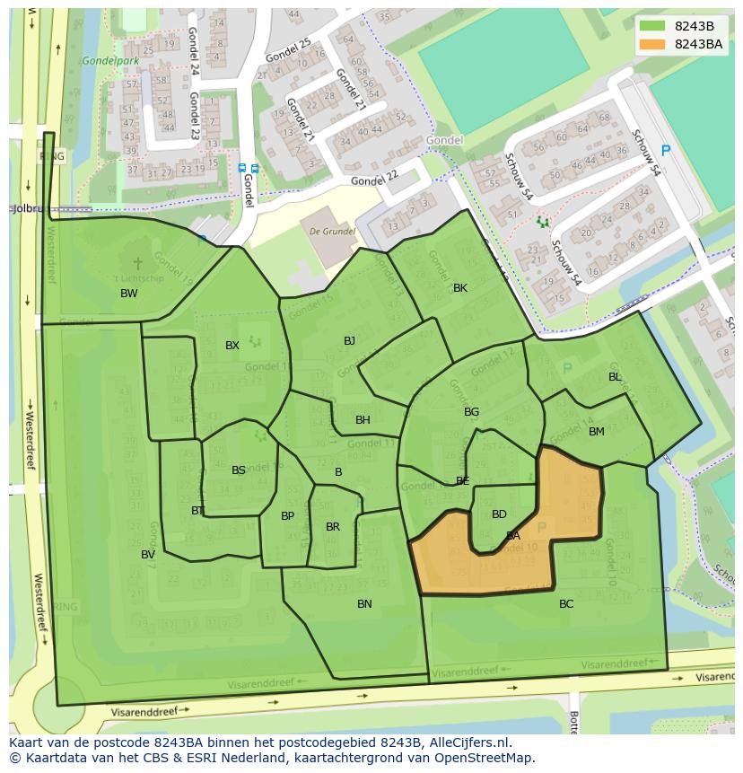 Afbeelding van het postcodegebied 8243 BA op de kaart.