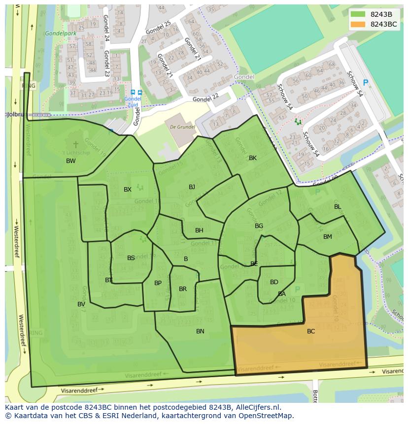 Afbeelding van het postcodegebied 8243 BC op de kaart.