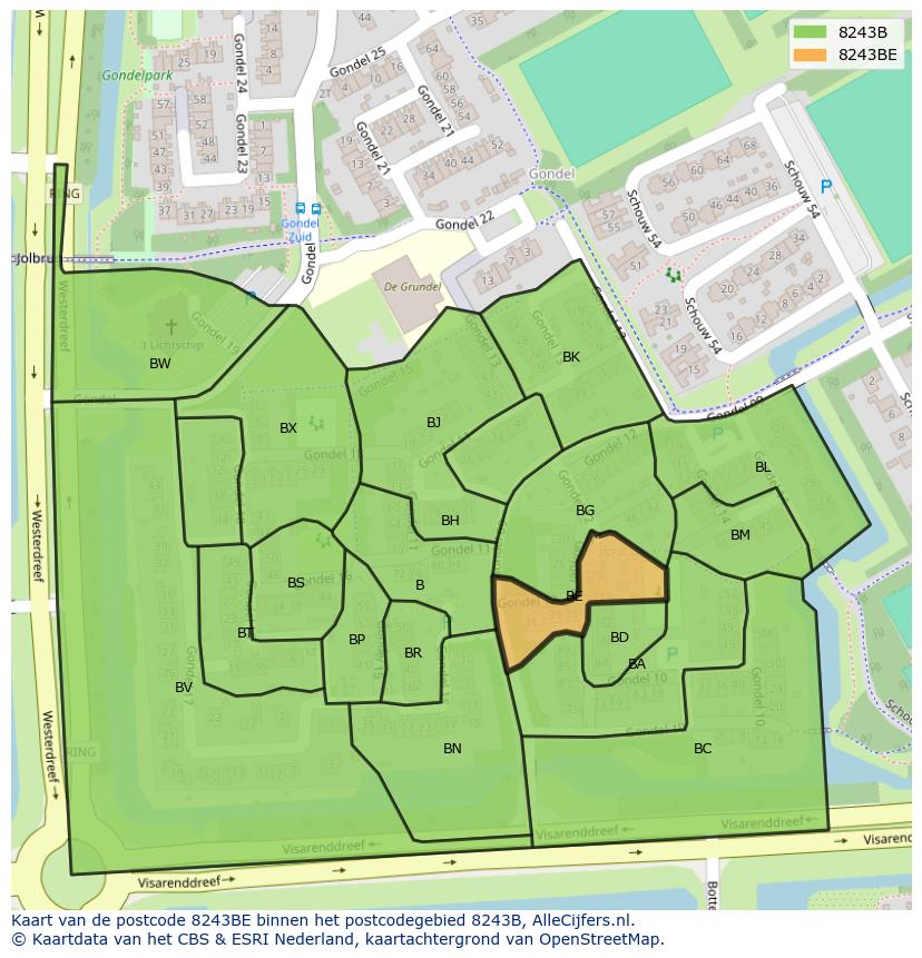 Afbeelding van het postcodegebied 8243 BE op de kaart.