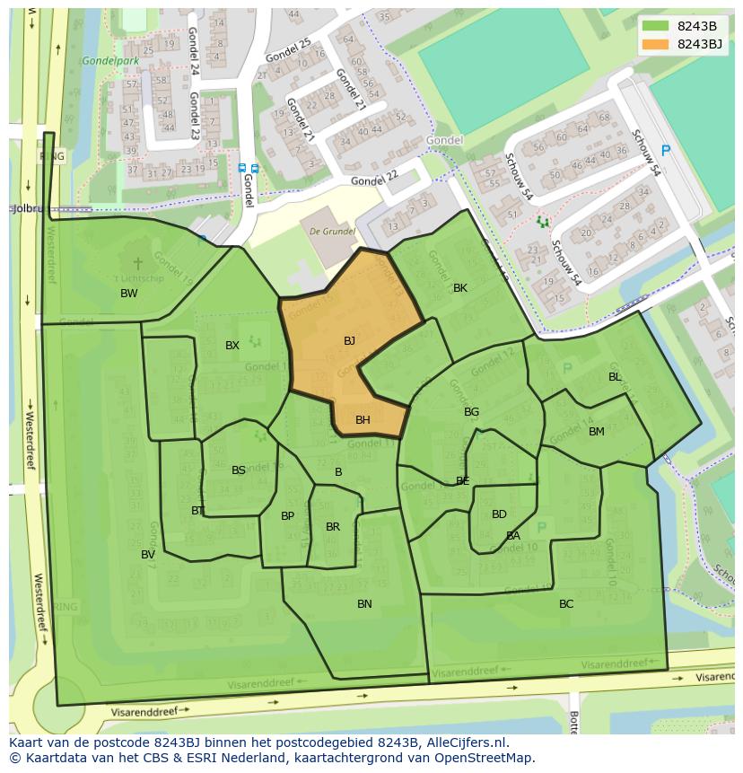 Afbeelding van het postcodegebied 8243 BJ op de kaart.
