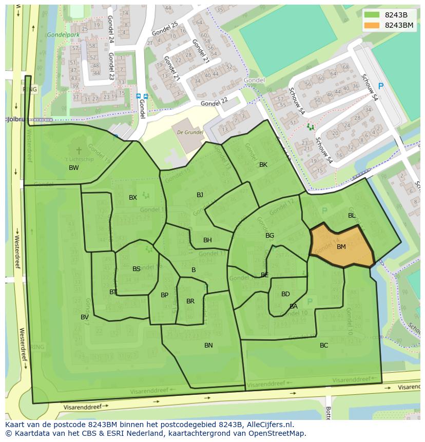 Afbeelding van het postcodegebied 8243 BM op de kaart.