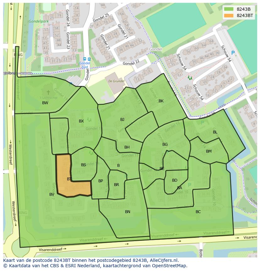 Afbeelding van het postcodegebied 8243 BT op de kaart.