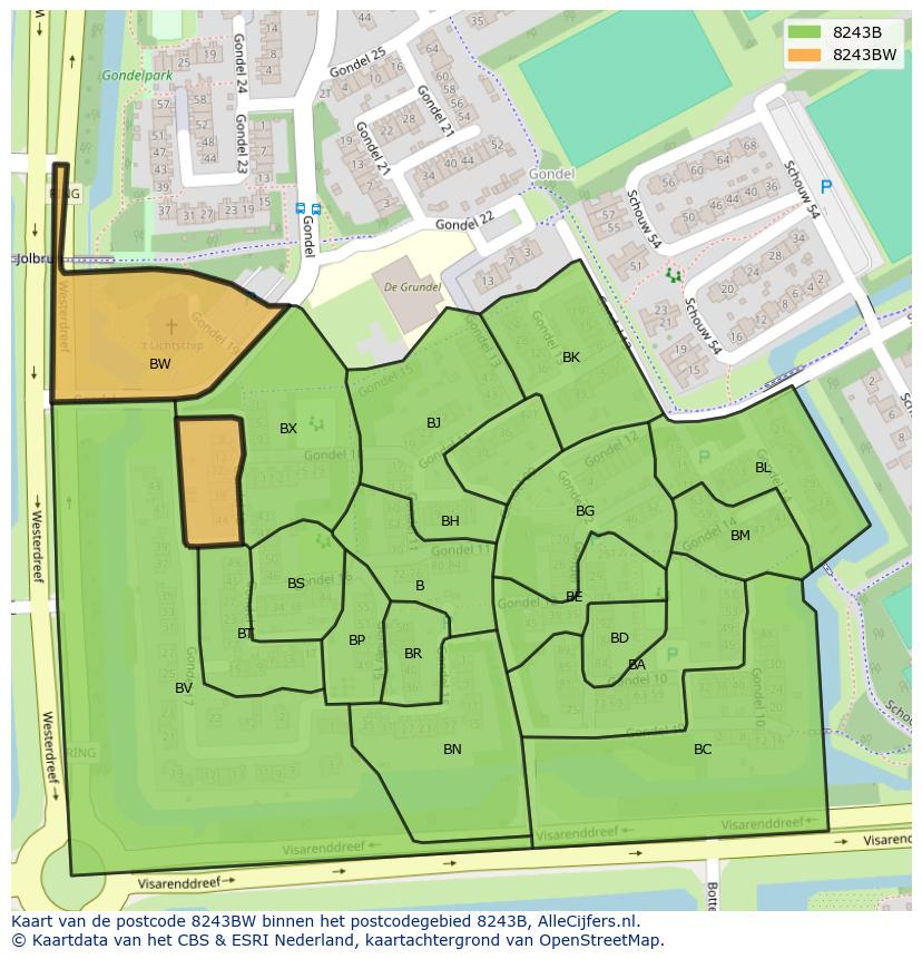 Afbeelding van het postcodegebied 8243 BW op de kaart.