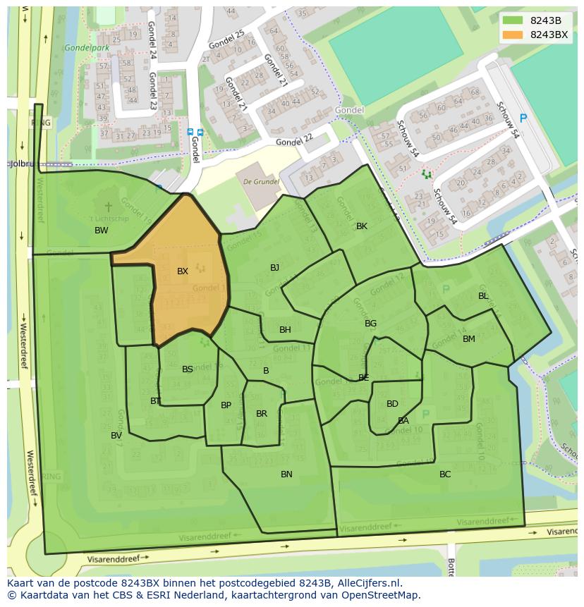 Afbeelding van het postcodegebied 8243 BX op de kaart.