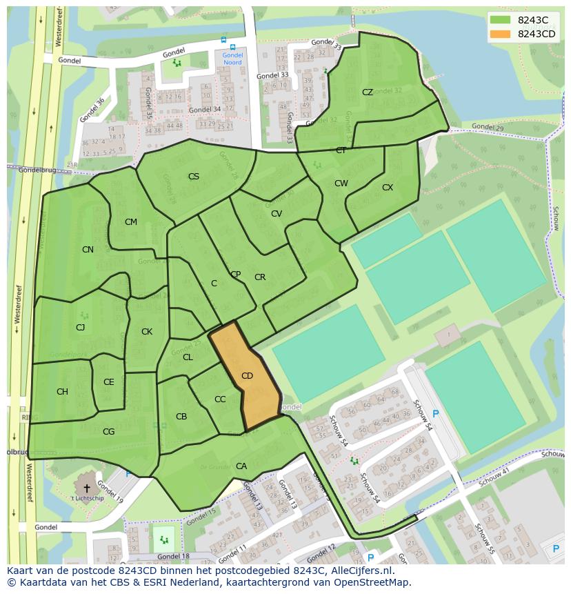 Afbeelding van het postcodegebied 8243 CD op de kaart.