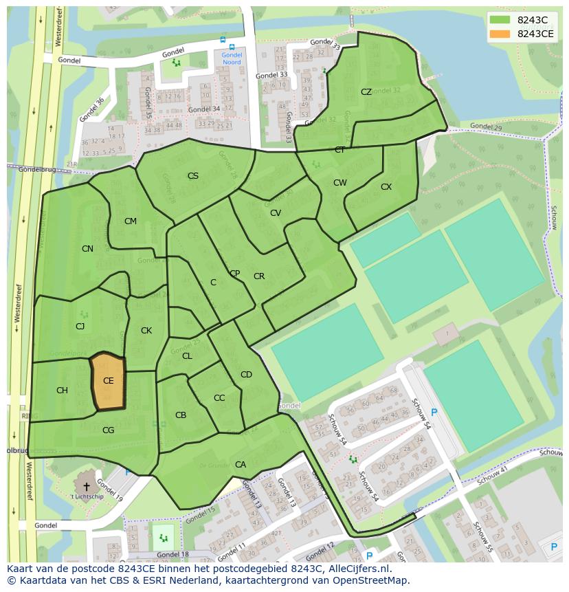 Afbeelding van het postcodegebied 8243 CE op de kaart.