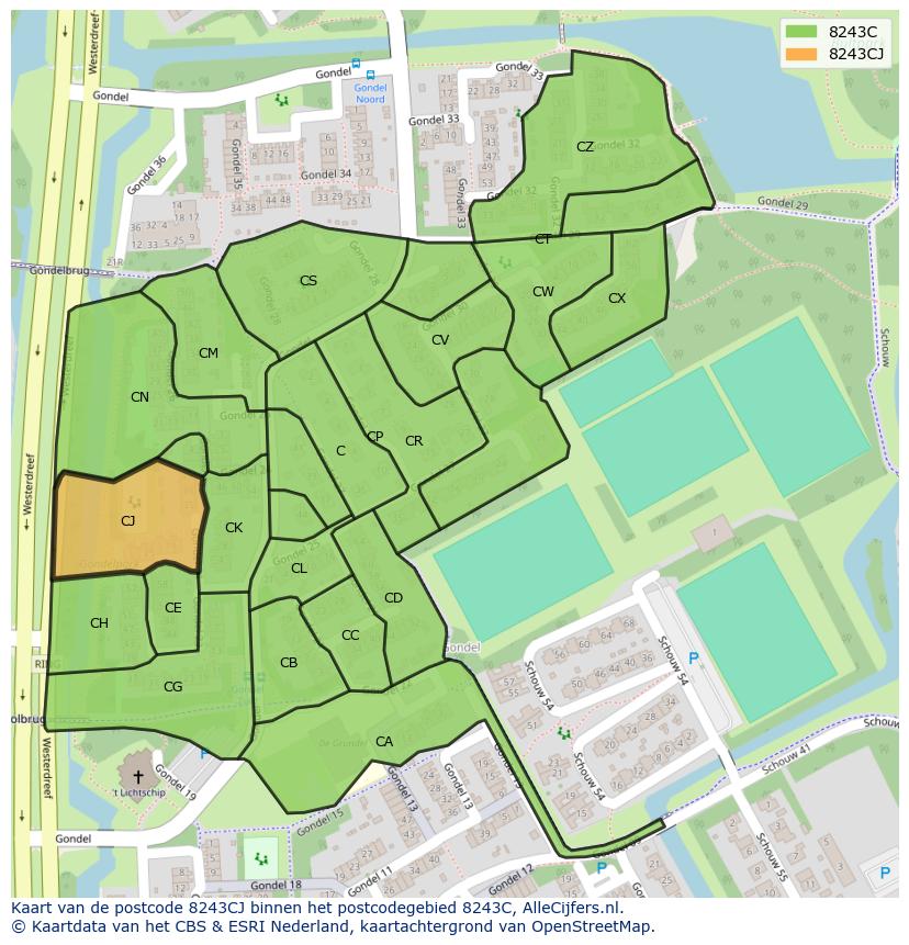 Afbeelding van het postcodegebied 8243 CJ op de kaart.