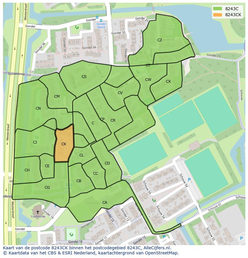 Afbeelding van het postcodegebied 8243 CK op de kaart.