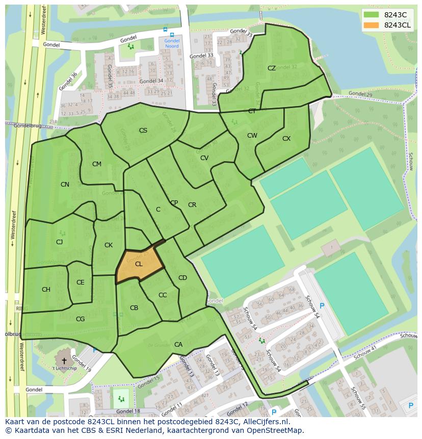 Afbeelding van het postcodegebied 8243 CL op de kaart.