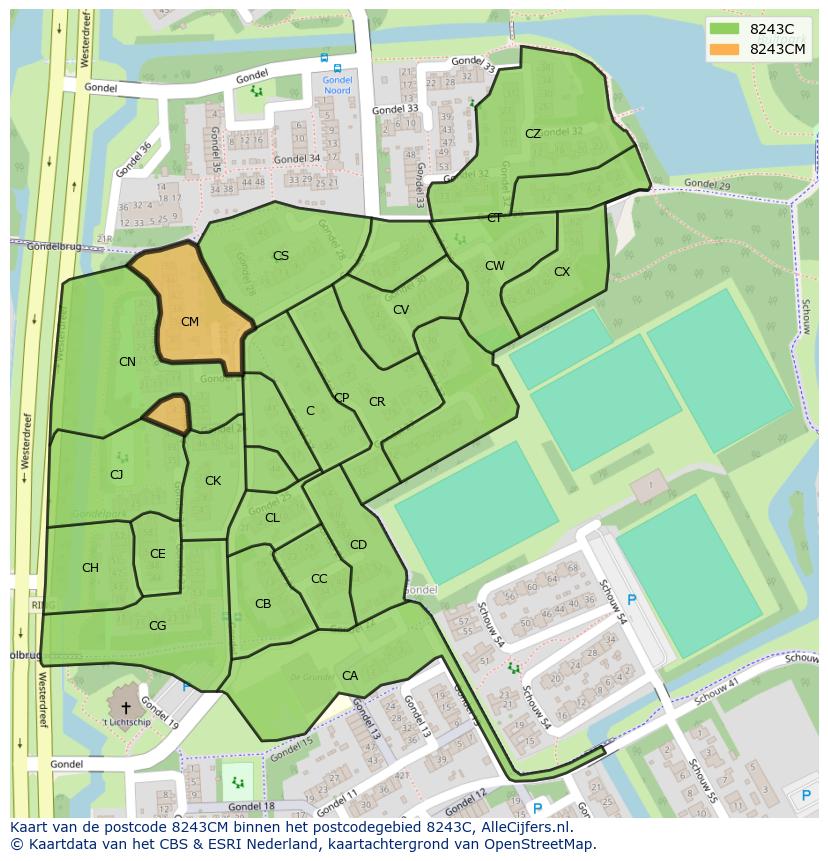 Afbeelding van het postcodegebied 8243 CM op de kaart.