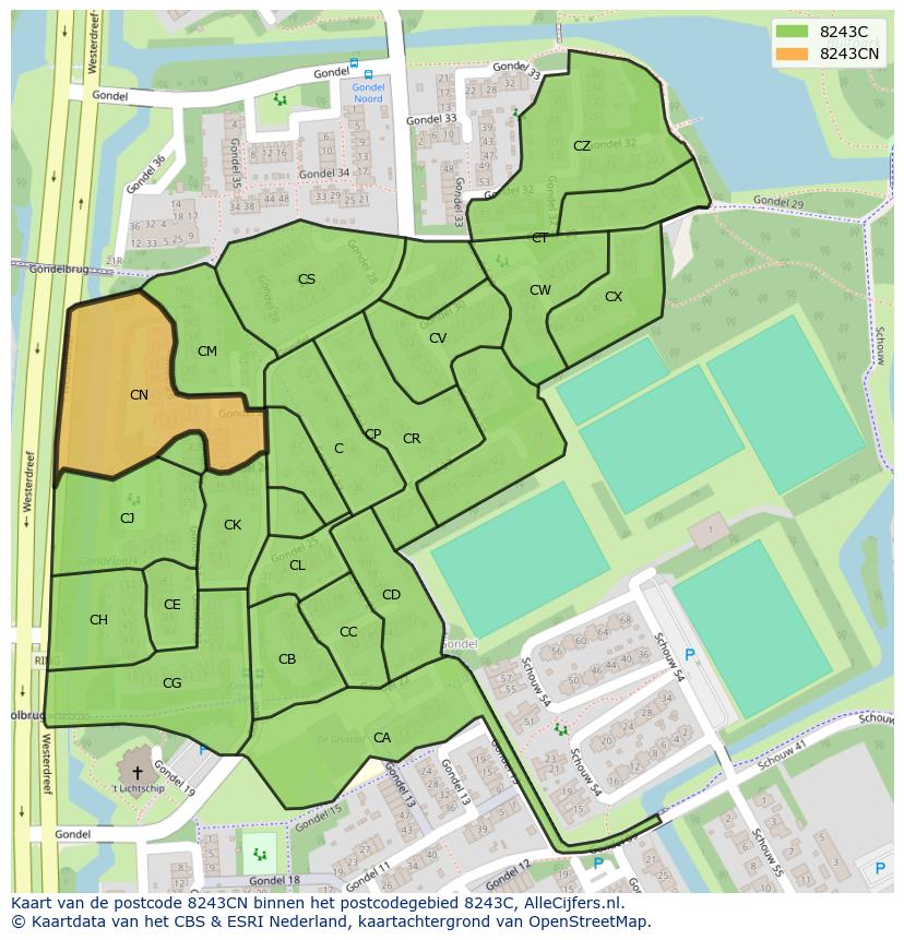Afbeelding van het postcodegebied 8243 CN op de kaart.